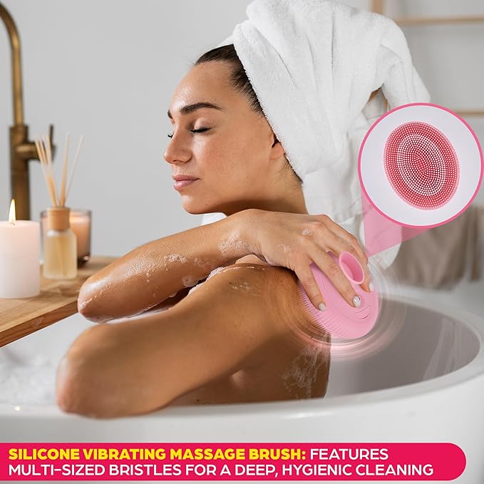 Bella Ciao Electric Back Scrubber for Shower & Face – Vibrating Silicone Body Brush, Exfoliating Loofah Cleaner with Extendable Handle, USB-C Rechargeable, IPX7 Waterproof Women's Bath Massager