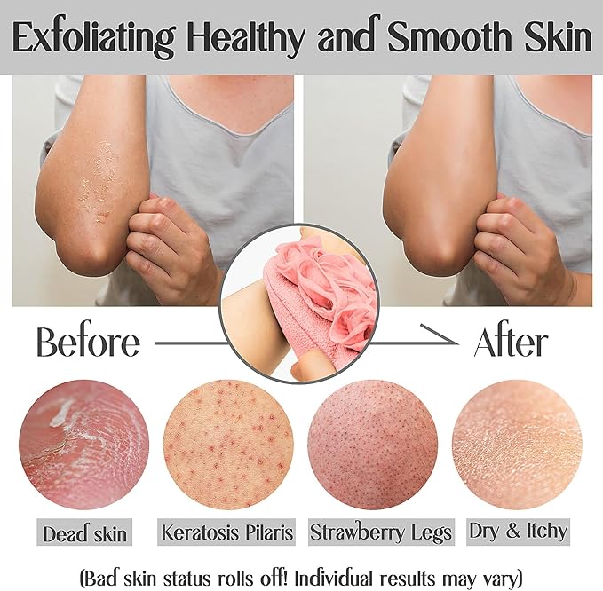 Deep Exfoliating Glove for Shower Double-Sided Mitt, with Extra Long Exfoliating Washcloth - Extreme Body & Back Scrubber for Shower, Massage Scrub Exfoliator & Bath Loofah Sponge (2-Pink)