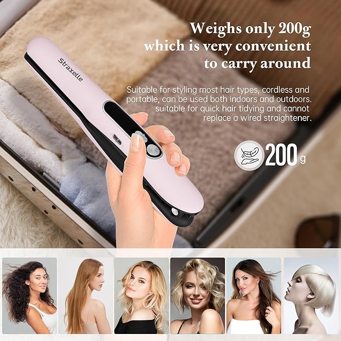 Mini Cordless Hair Straightener and Curler 2 in 1, Mini Portable Flat Iron Adjustable 350°F-420°F Travel Hair Straighteners LED Display/5000mAh Ceramic Flat Iron Hair Straightener for Women Men(Pink)