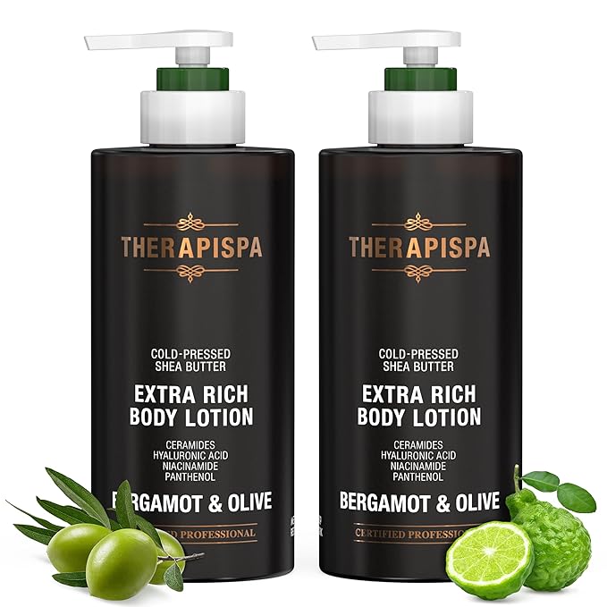 THERAPISPA Scented Body Lotion for Women – Deep Hydration & Refreshing Moisturizer with Shea Butter, Ceramides & Panthenol to Revive & Nourish Dry Skin (Bergamot & Olive, 17.0 fl oz)