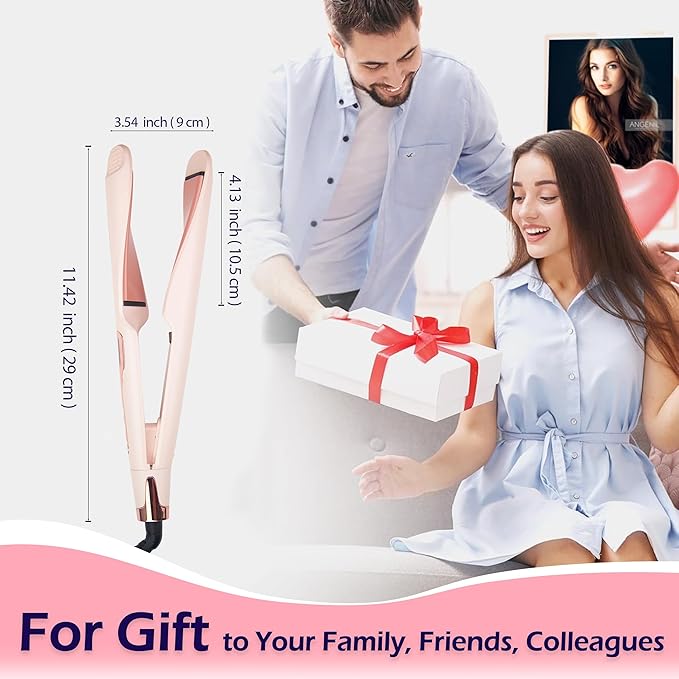 ANGENIL Pro Twist Flat Iron Hair Straightener, 2 in 1 Straightener and Curling Iron for Women, Round Pink Dual Voltage Hair Straightener with Silicone Heat Resistant Mat, 30s Fast Heating, LCD Display