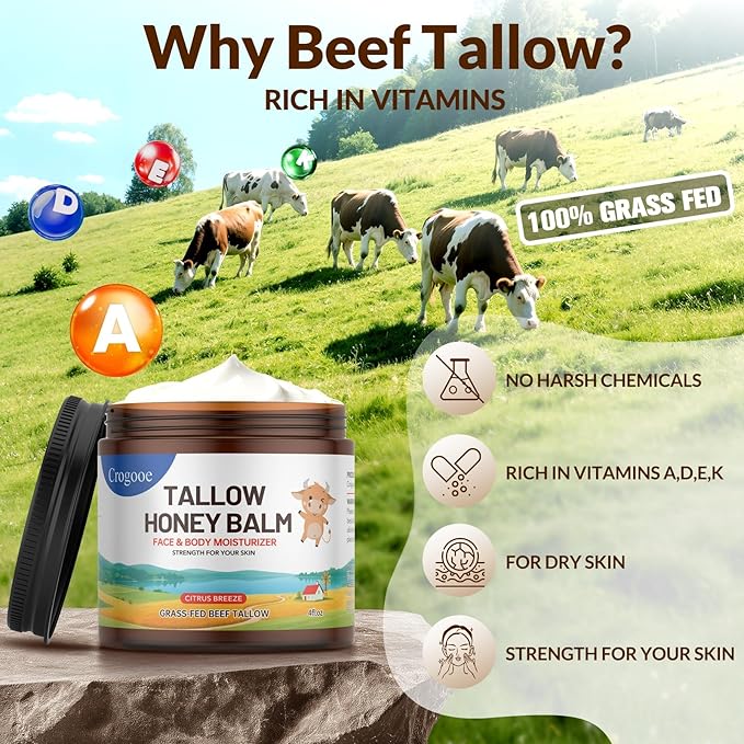 Beef Tallow for Skin - 100% Grass Fed - Whipped Tallow and Honey Balm，Moisturizer Cream for Face & Body -Natural Organic Formula for Dry & Sensitive Skin (Citrus Breeze) (4 oz)