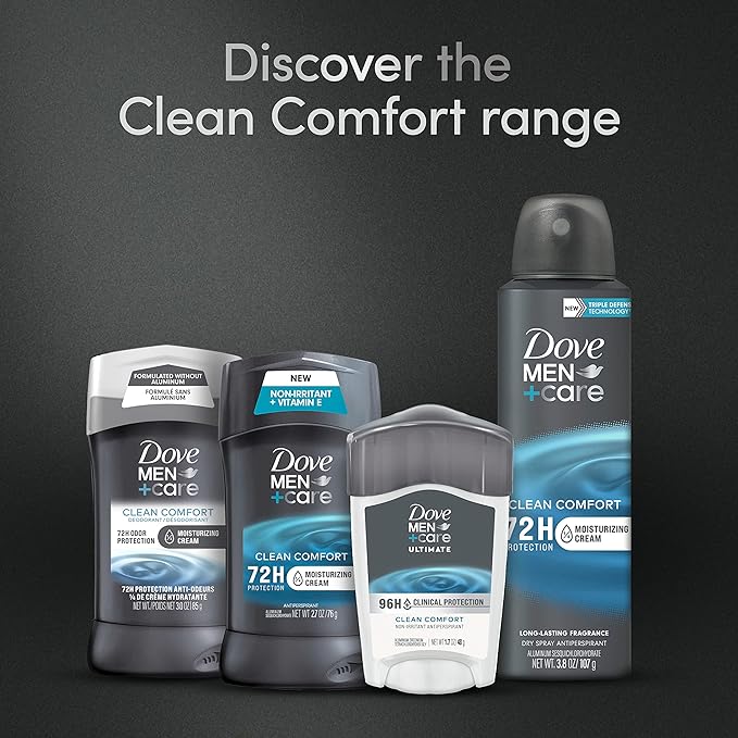 DOVE MEN + CARE Clinical Protection Antiperspirant Clean Comfort Stick for Men 96-Hour Sweat and Odor Protection Clinical Strength Antiperspirant with 1/4 Moisturizing Cream 1.7 oz