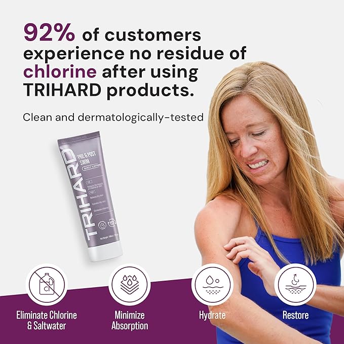 TRIHARD Chlorine Defense Body Lotion for Swimmers, Protects and Hydrates Sensitive Skin from Pool and Ocean, Pre and Post Swim Chlorine Protection from Hard Water and Chemicals