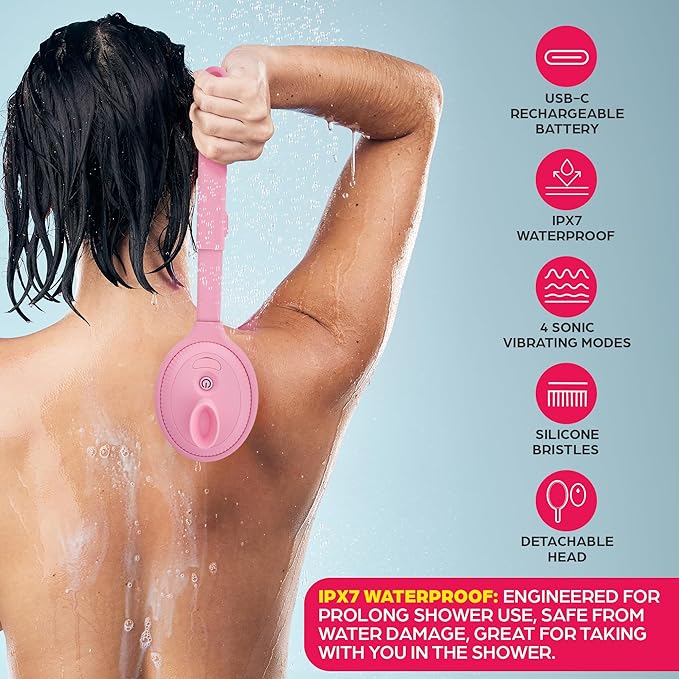 Bella Ciao Electric Back Scrubber for Shower & Face – Vibrating Silicone Body Brush, Exfoliating Loofah Cleaner with Extendable Handle, USB-C Rechargeable, IPX7 Waterproof Women's Bath Massager