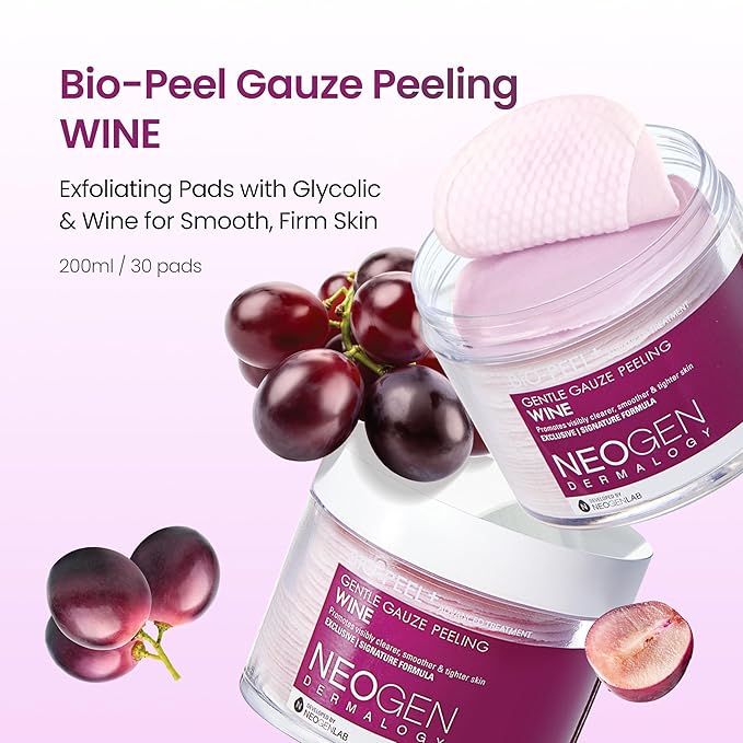 DERMALOGY by NEOGENLAB Bio-Peel Gauze Peeling Pads (Wine, 30 pads) - Exfoliating & Firming Peeling Pad with PHA & Red Wine & Resveratrol & Acid Hyaluronic - Korean Skin Care