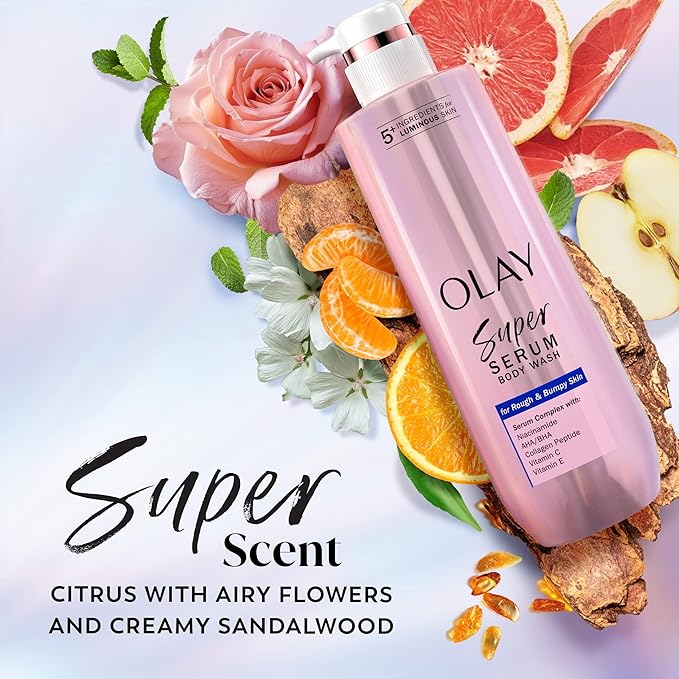 Olay Super Serum Body Wash for Rough & Bumpy Skin, Hydrating & Renewing Serum Complex with Exfoliating Minerals for Luminous Skin, 18.5 fl oz