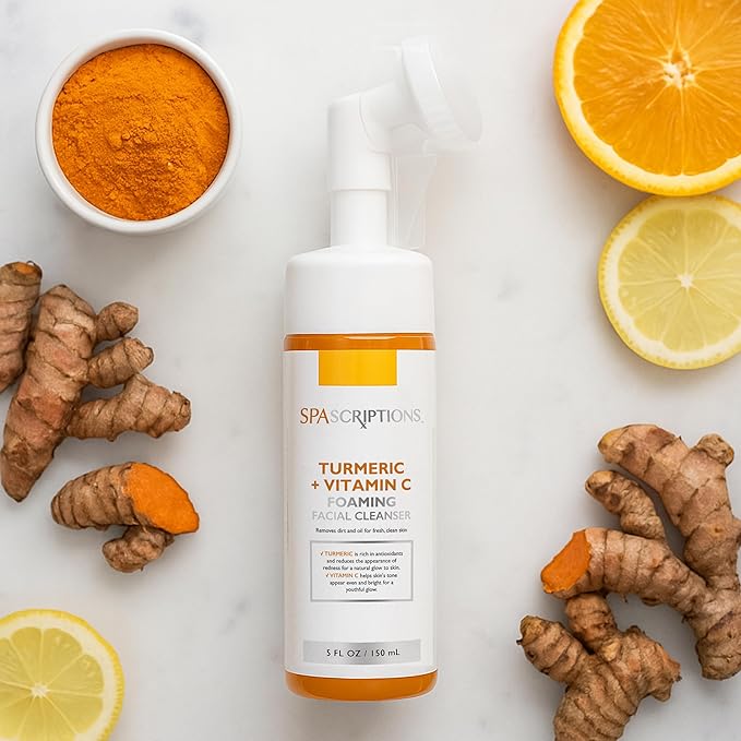 SpaScriptions Turmeric + Vitamin C Foaming Facial Cleanser, pH Balanced, Non Comedogenic, Paraben Free, For All Skin Types, 5 fl oz / 150 mL