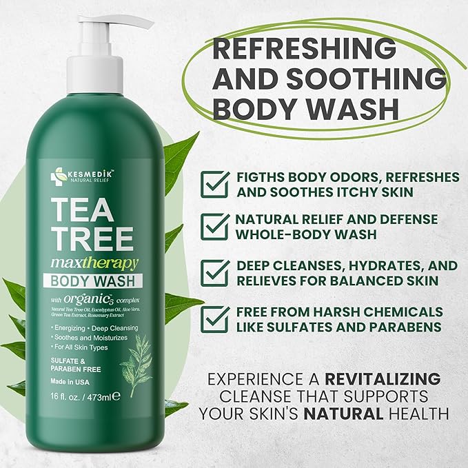 Tea Tree Oil Body Wash (2-Pack) & Balm MaxTherapy Bundle – Cleansing & Moisturizing Duo for Dry, Itchy Skin Relief, Eczema, Ringworm, Athlete’s Foot, Jock Itch & Other Skin Irritation