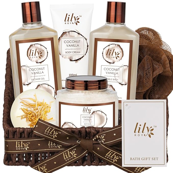Christmas Gifts Bath and Body Gift Basket Set for Women & Men - 7Pcs Coconut Vanilla Spa Gift Basket Set for Women, Gift Set | Perfect Valentine's, Birthday, Mothers Day for Mom, Gift for All Occasion