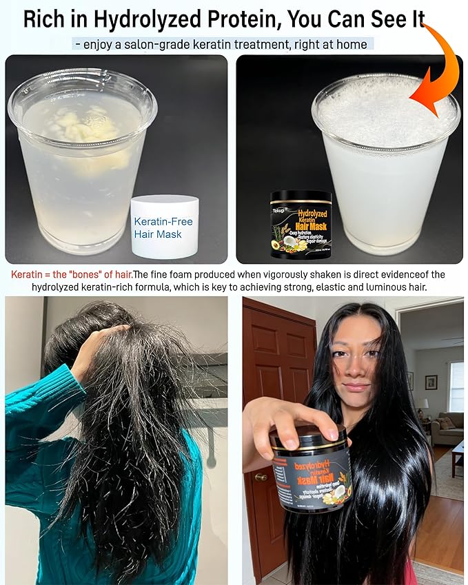 Natural Hydrolyzed Keratin Hair Mask - Repair & Moisture Treatment for Color Treated, Bleached, Heat Damaged & Dry Hair - Nourishes Fine, Damaged & Curly Types - Silicone-Free(16.9Fl Oz)