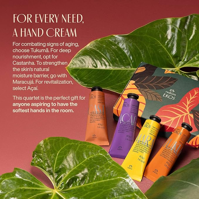 Natura - Ekos Hand Cream Quartet Variety Pack, 4 Creams - Passion Fruit, Brazil Nut (Castanha), Tukumã, Açaí Hand Cream - Vegan Skin Care - Brazilian Beauty Secrets - Travel Size - 1.41oz (40g)
