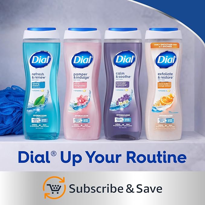 Dial Body Wash, Pamper & Indulge Marula Oil, 16 Fl Oz (Pack of 4), Hydraclean Complex & Vitamin E, Gentle, Leaves Skin Feeling Nourished, Dermatologist-Tested, No Parabens & Sulfates