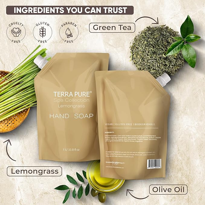Terra Pure Spa Collection 1 Liter Hand Wash Refill Bag For Soap Dispensers | Bulk Toiletries for Vacation Rentals, and Home Bathroom Showers | Green Tea Lemongrass | Set of 12