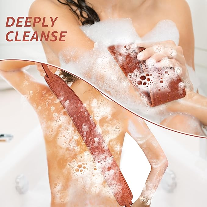 39.37 Inch Exfoliating Back Scrubber with Handles, Extended Exfoliating Back Scrubber for Shower, Soft Double-Sided Body Exfoliator for Deep Cleaning Your Skin for Men & Women, Brown