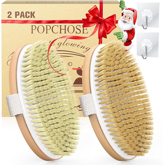 POPCHOSE Dry Brushing Body Brush, Natural Bristle Dry Skin Exfoliating Brush Body Scrub for Flawless Skin, Cellulite Treatment, Lymphatic Drainage and Blood Circulation Improvement