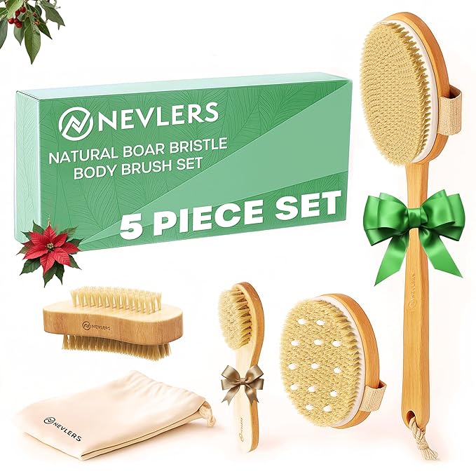 Nevlers Natural Boar Bristle Dry Brush for Body Massage 5-Piece Set | Detachable Long Wooden Handled Back Scrubber for Shower, Body Scrubber Exfoliator, Face Brush, Manicure Tool & Cloth Travel Bag