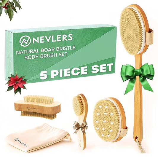 Nevlers Natural Boar Bristle Dry Brush for Body Massage 5-Piece Set | Detachable Long Wooden Handled Back Scrubber for Shower, Body Scrubber Exfoliator, Face Brush, Manicure Tool & Cloth Travel Bag