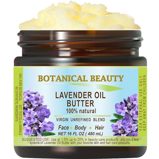 Botanical Beauty LAVENDER OIL BUTTER 100% Natural Lavender Essential Oil in Shea Nut Butter for FACE, SKIN, BODY, HAIR, NAILS. Beauty Skin Moisturizer Oil Butter. (16 Fl Oz)