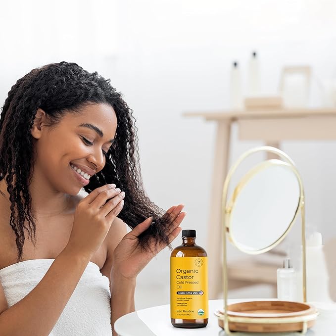 Zen Routine Organic Castor Oil 32oz Cold Pressed Unrefined Glass Bottle – Aceite de Ricino Hair Growth Oil for Hair, Lashes & Castor Oil Packs – USDA Certified, Made in USA