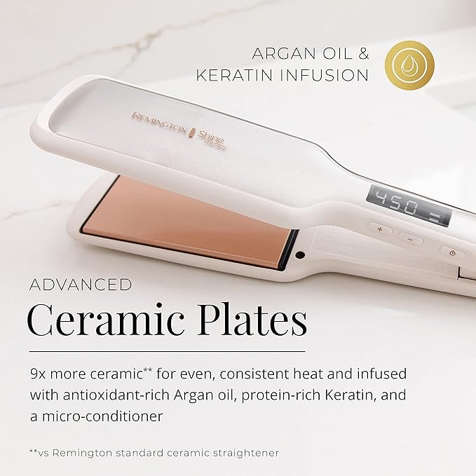 Remington Shine Therapy 2 inch Hair Straightener, Flat Iron Infused with Argan Oil & Keratin, Professional Ceramic Flat Iron for Less Frizz, Shiny & Smooth Hot Styling Tools