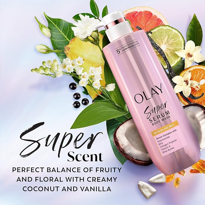 Olay Super Serum Body Wash for Extra Dry Skin, 24hr Long Lasting Hydration, 5+ Ingredient Serum Complex for Bright Even Firm Luminous Skin, 18.5 fl oz