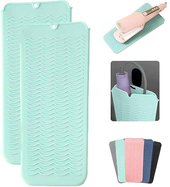 2 Pcs Professional Silicone Heat Resistant Mat Pouch for Curling Iron, Flat Iron and Other Hot Tools, Portable Travel Mat and Cover for Hair Styling Tools with Hanging Hole (2PCS Green)