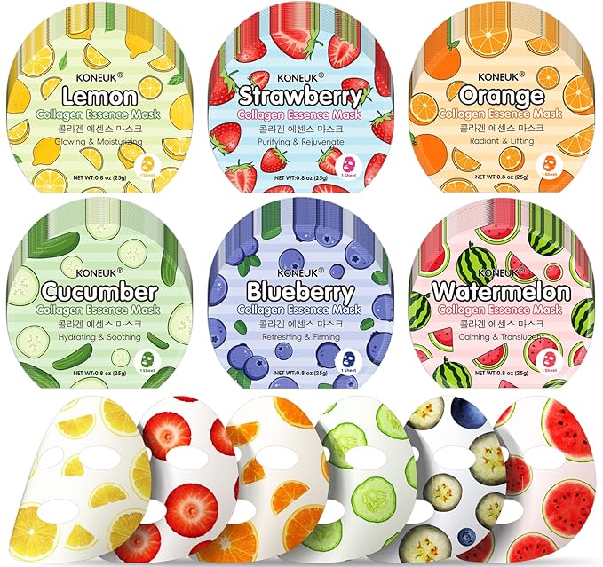 114 Pack Colorful Fruit Face Masks Skincare, Sheet Facial Mask for Dry Skin, Moisturizing & Soothing, Bulk Collagen Face Mask for Women, Christmas Stocking Stuffers, Spa Party Gifts(6 Types x 19 Pcs)