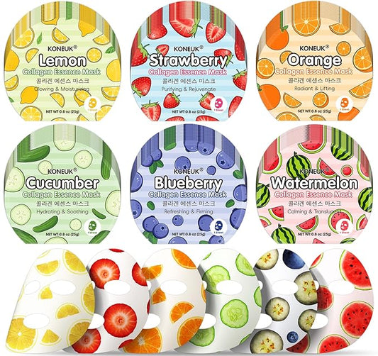114 Pack Colorful Fruit Face Masks Skincare, Sheet Facial Mask for Dry Skin, Moisturizing & Soothing, Bulk Collagen Face Mask for Women, Christmas Stocking Stuffers, Spa Party Gifts(6 Types x 19 Pcs)