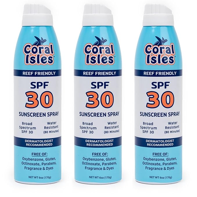 Coral Isles SPF 30 Sunscreen Spray - Hawaii Compliant - Oxybenzone & Octinoxate Free - Broad Spectrum - Water Resistant, 6 Fl Oz (Pack of 3)