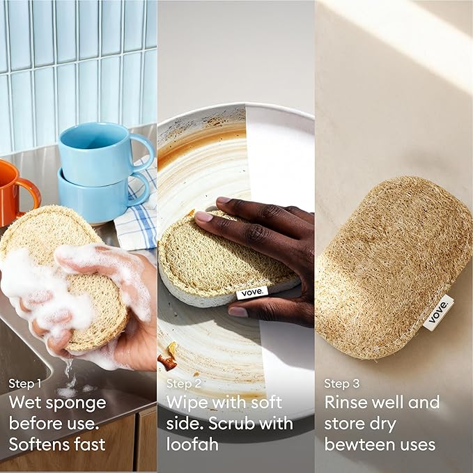 Vove Cleaning Duo, Bamboo Dish Brush Set and Natural Dish Sponges, FSC-Certified Bamboo, Sisal, Loofah, Cellulose, Plastic-Free, Eco-Friendly Zero-Waste Kitchen Dish Scrubber Set