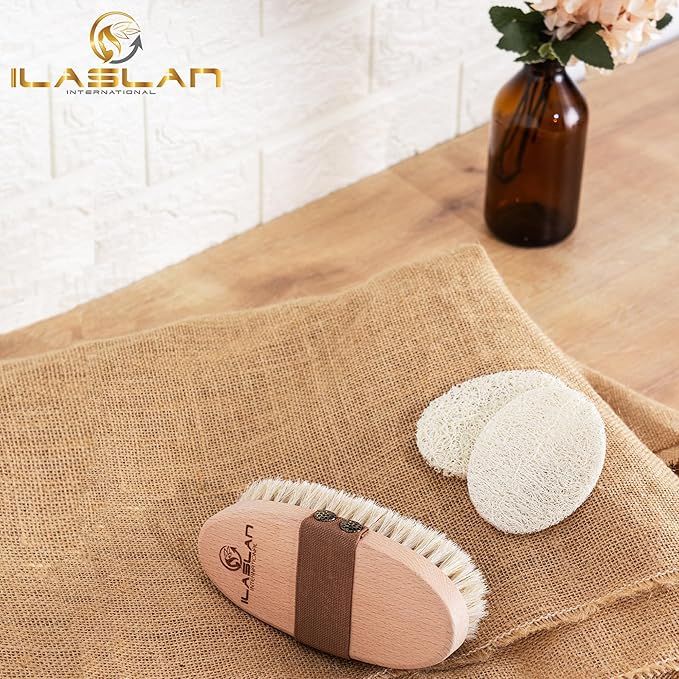 Dry Brushing Body Brush, Natural Horse Hair Exfoliating and Cleansing | Dry Skin Brushing with 2 Natural Loofah Facial Peeling Pads | Soft Bristles for Gentle Body Scrubbing and Skin Care