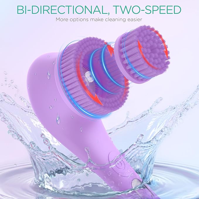 VOYOR Electric Body Brush Back Scrubber Silicone Body Scrubber Two-Way Rotating Brush Head for Deep Cleaning, Exfoliation, 4 Attachments Long Handle IPX6 Rechargeable Shower Brush BC300 (Purple)