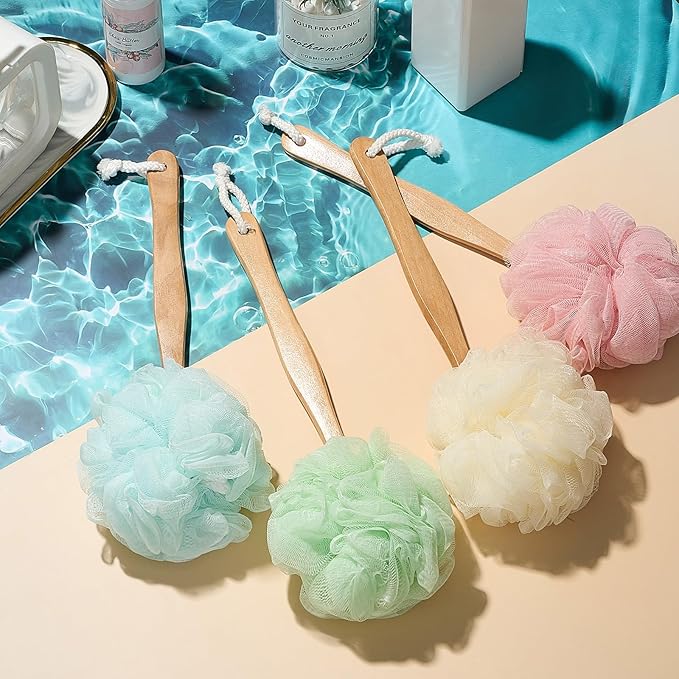 Tessco for you 12 Pcs Large Loofah on a Stick Shower Loofah with Long Handle Back Scrubber for Shower PE Body Bath Sponge Soft Spa Mesh Brush Wash Exfoliating Luffas for Men Women (Light Color)