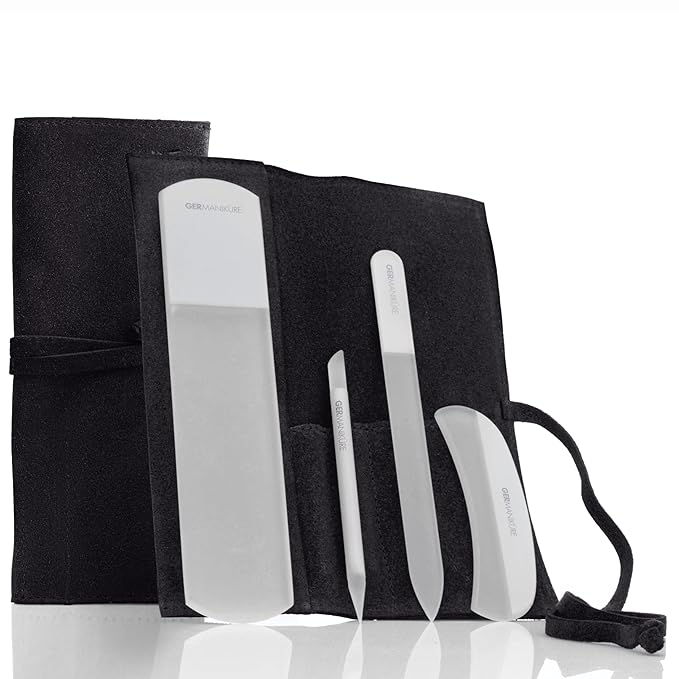 4pcs Manicure Set Genuine Czech Crystal Gray Glass Nail File Moon File Manicure Stick Pedicure Foot Care Bar in Black Leather by GERmanikure