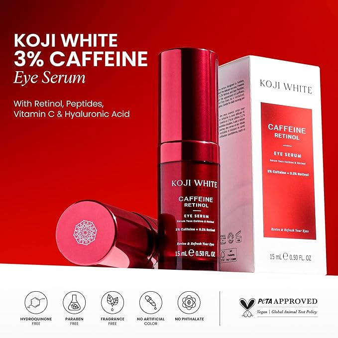 Koji White 3% Caffeine Eye Serum for Puffiness & Dark Circles with 0.2% Retinol, Peptides, Hyaluronic Acid & Vitamin C - Fragrance-Free, Unscented for Sensitive Skin, Vegan Skincare 0.50 Fl Oz