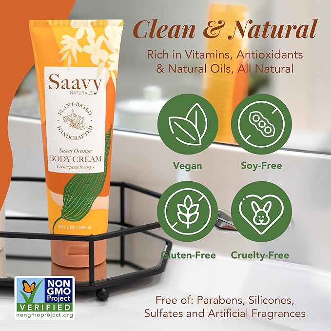 Saavy Naturals Body Cream Sweet Orange Plant-Based Ingredients| Made In USA | Absorbent Shea Butter Vegan Formula, Thick and Creamy Body Moisturizer, Body Lotion for Dry Skin- 8.5 Fl Oz, 2 Pack