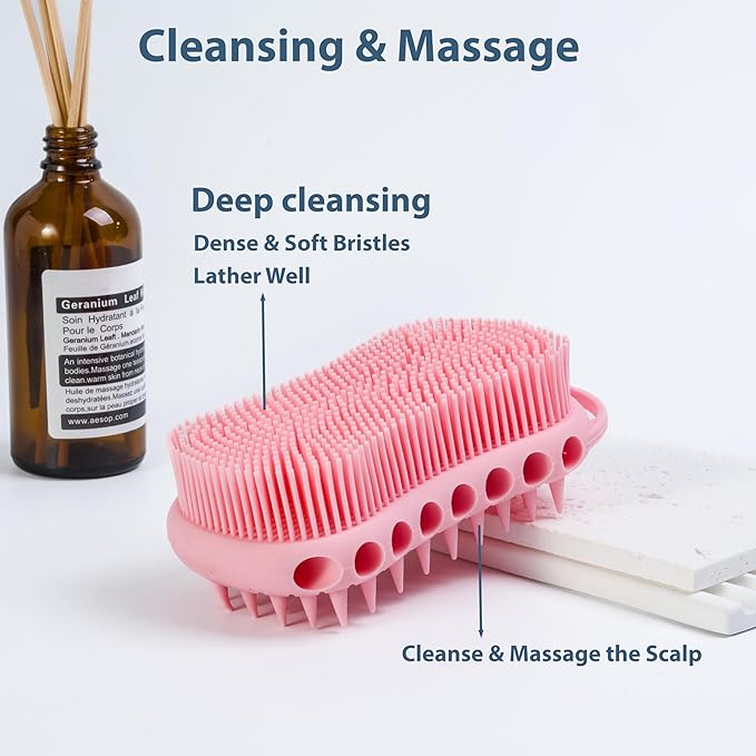 MtBoi 2PC Double-Sided Exfoliating Silicone Body Scrubber, 2-in-1 Bath Scrubber, Shampoo Brush, Silicone Loofah for All Skin Types, Shower Body Scrubber, Easy to Clean, Lather Well (Black&Pink)