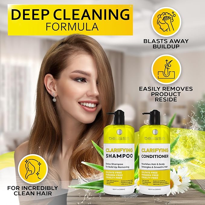 Clarifying Shampoo and Conditioner Set - Sulfate Free Hair Care Products for Women and Men - Build Up Remover for Curly, Straight, Color Treated, Oily and Black Hair - Hydrating Dry Split Ends Formula