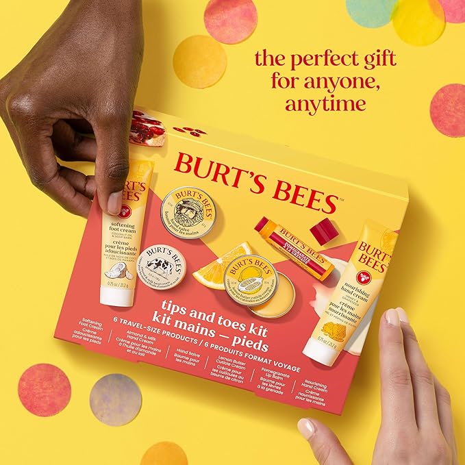 Burt's Bees Christmas Gifts - Tips and Toes Kit, 6 Travel Size Products for Stocking Stuffers - Pomegranate Moisturizing Lip Balm, 2 Hand Creams, Foot Cream, Cuticle Cream, and Hand Salve