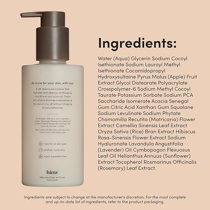 hims High Tide Hydrating Daily Cleanser for Men - Gentle Face Cleanser with Hyaluronic Acid, Squalane and Green Tea Extract - Lemongrass Field Scent