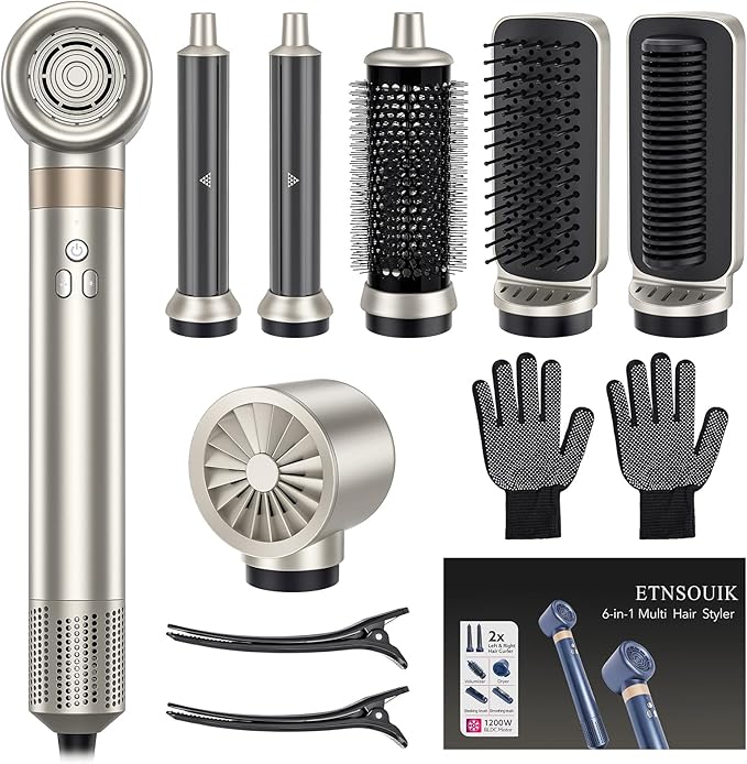 6-in-1 Hair Styler, Hair Dryer, Multi-Function Hot Air Brush Set, Ionic Blow Dryer with Interchangeable Attachments for Curling, Straightening (Champagne Gold)