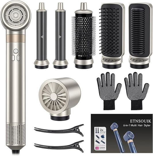 6-in-1 Hair Styler, Hair Dryer, Multi-Function Hot Air Brush Set, Ionic Blow Dryer with Interchangeable Attachments for Curling, Straightening (Champagne Gold)