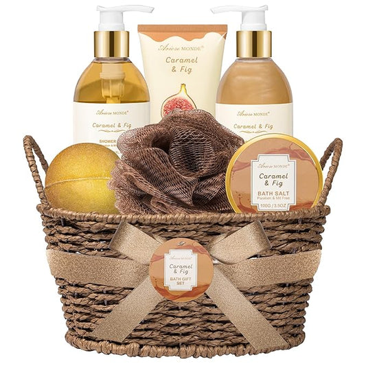 Christmas Gifts for Women Spa Baskets for Women Gift, Warm Caramel & Fig Bath Gift Set with Shower Gel Self Care Pampering Gifts for Mothers Day, Birthday, Anniversary Gift
