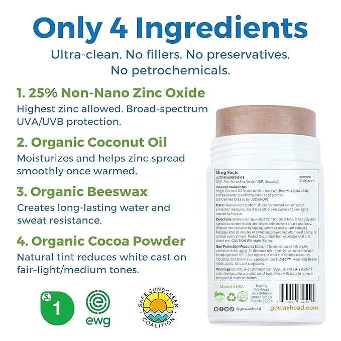 Tinted Zinc Oxide Sport Sunscreen Stick SPF 30, 3.7oz by Waxhead - 25% Non-Nano Zinc Oxide, 4 Food-Grade Ingredients, Sweat & Water Performance, Reef-Safe Mineral Face Stick for Kids & Sensitive Skin