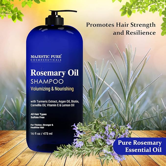 Majestic Pure Rosemary Oil Shampoo for Hair Growth - Volumizing & Nourishing Shampoo - with Vitamin E & Argan Oil - Sulfate Free, for Men & Women - 16 fl oz