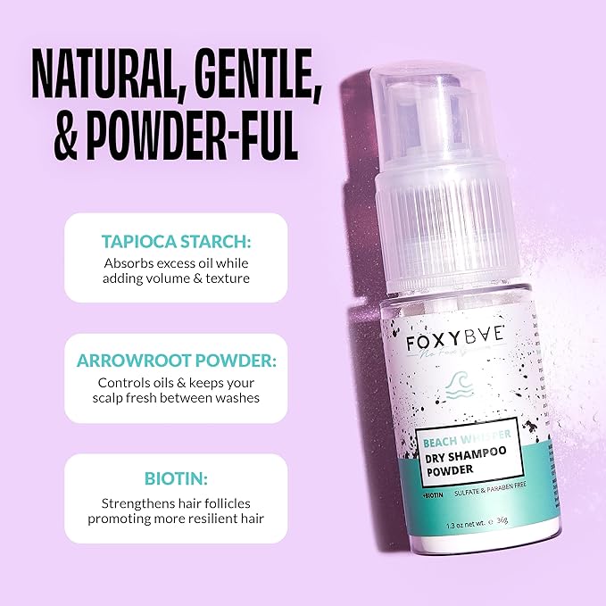 FoxyBae Dry Shampoo Powder – Non-Aerosol Formula with Biotin, Tapioca & Arrowroot – Absorbs Oil & Adds Volume – For Dark, Brunette & Blonde Hair – Beach Whisper – 1.3 oz