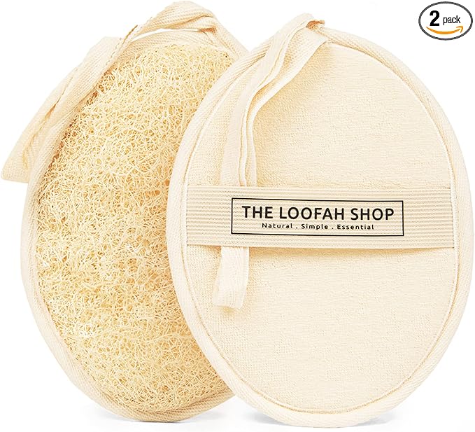Bath Loofah Sponge, Exfoliating Body Scrubber, Shower Luffa for Men, Women and Kids Made of Eco-Friendly Natural Egyptian Loofah with Cotton Travel Pouch, 7" x 5.25" (1pack 2pcs)