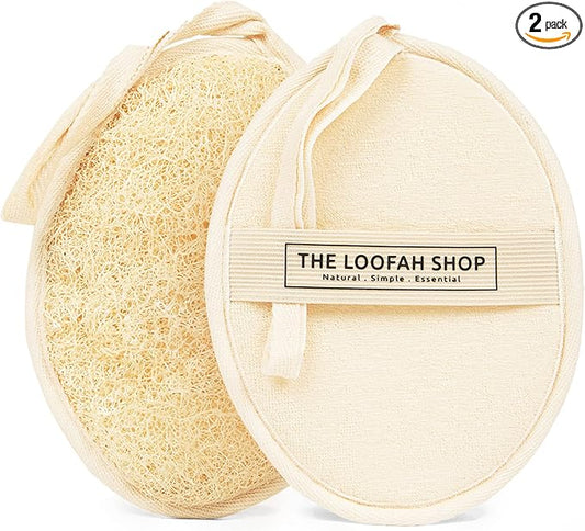 Bath Loofah Sponge, Exfoliating Body Scrubber, Shower Luffa for Men, Women and Kids Made of Eco-Friendly Natural Egyptian Loofah with Cotton Travel Pouch, 7" x 5.25" (1pack 2pcs)