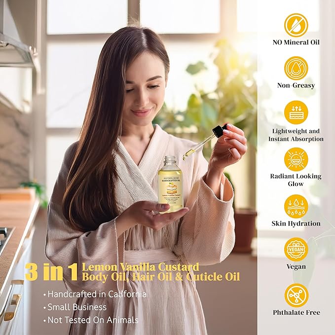 Lemon Vanilla Custard Oil with All-Natural Moisturizing Body Oil for Soft, Glowing Skin with Almond & Jojoba Oil (4 fl oz)